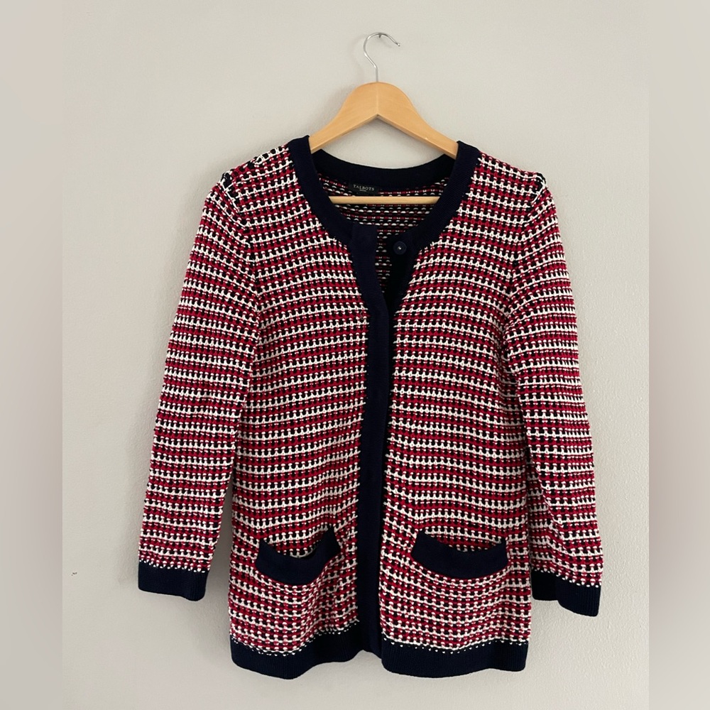 Talbots Red Blue & White Knit Button Up Sweater
